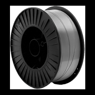 Carretel de fio metálico prateado com extremos pretos.