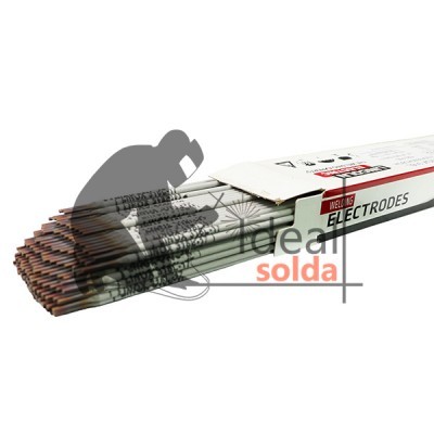 Eletrodos para soldadura numa embalagem branca com texto vermelho e preto