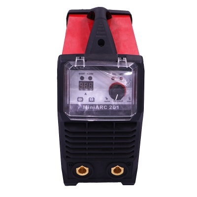 Máquina de soldar miniARC 201 preta com pega vermelha e painel frontal com display digital e botão rotativo.