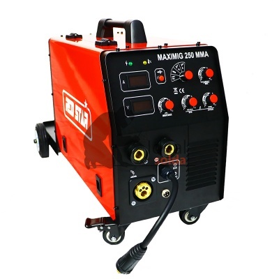 Máquina soldar MAXIMIG 250 MMA vermelha e preta com painéis de controlo e rodas