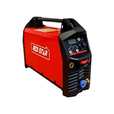 Máquina de soldar vermelha e preta com painel digital e texto RED STAR