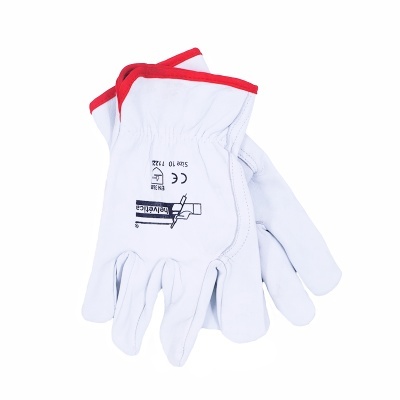 Par de luvas de couro branco com punho vermelho e marcações pretas