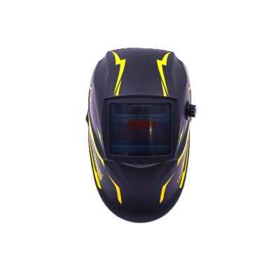 Capacete de soldadura preto com detalhes amarelos e visor escuro