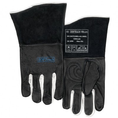 Par de luvas de proteção de couro preta com detalhes brancos e etiquetas visíveis