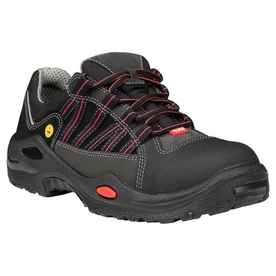 Sapato de segurança preto com detalhes vermelhos e cinza