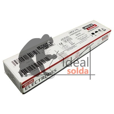 Caixa branca de eletrodos de soldadura Lincoln Electric com texto preto e vermelho