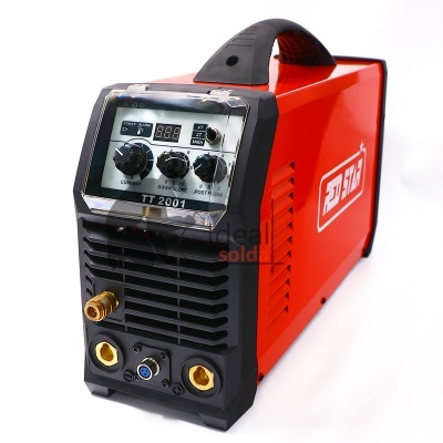 Máquina de soldar inverter vermelha e preta DEKAL TT 2001 com controles e conexões frontais