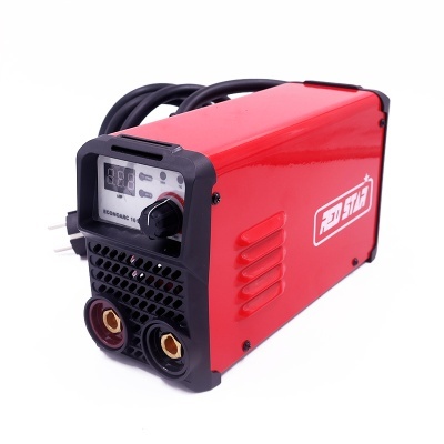 Soldador portátil vermelho com detalhes em preto e conetores frontais