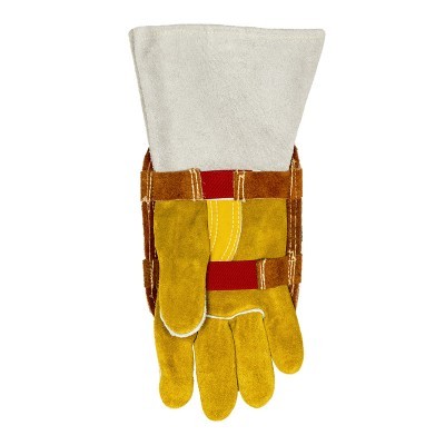 Luvas de trabalho em pele amarela com punho cinzento e faixa vermelha