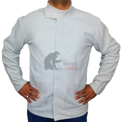 Casaco de proteção cinza claro com gola alta e bolsos frontais