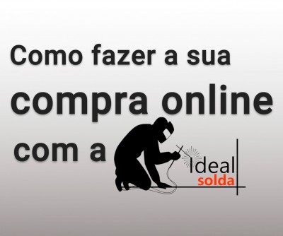 Texto sobre compra online com silhueta de pessoa soldando em fundo cinza