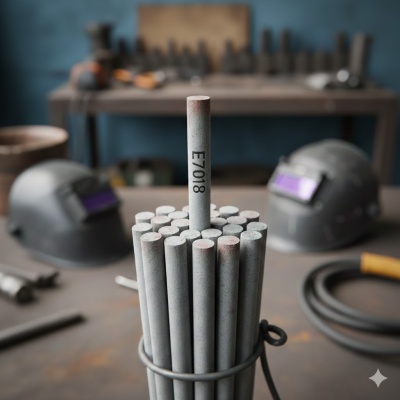 Varetas de soldadura E7018 organizadas em suporte metálico com capacetes de soldadura ao fundo