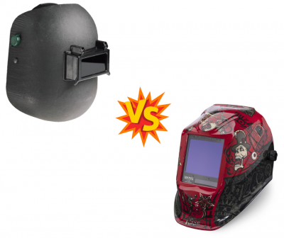 Duas máscaras de soldar, uma preta simples e outra vermelha estilizada, com símbolo VS entre elas