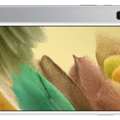 Tablet branco Samsung Tab A7 Lite com padrão colorido e texto na tela