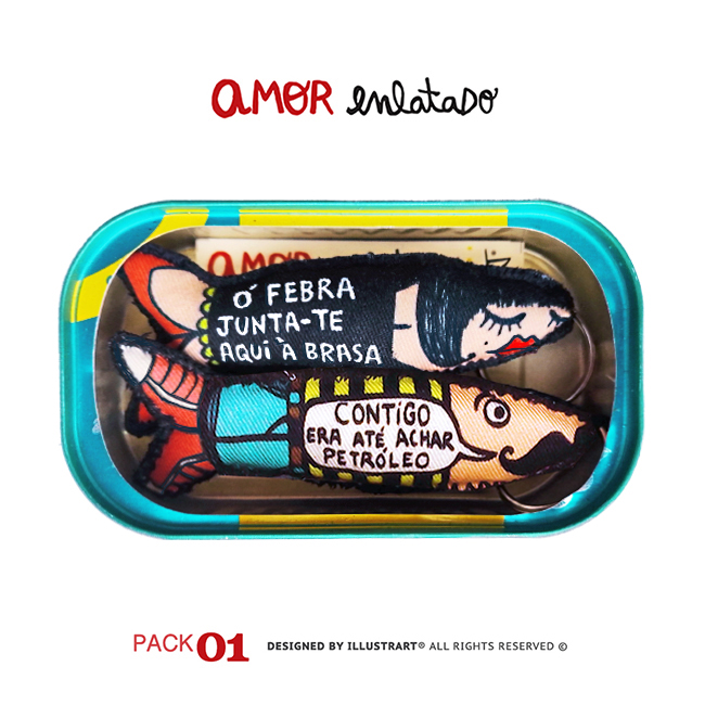 Embalagem metálica com ilustração de sardinhas e frases em português