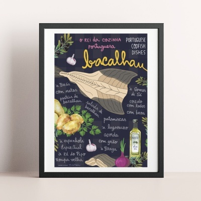 Poster ilustrativo sobre pratos portugueses de bacalhau com desenhos de bacalhau, batatas, alho, ervas e garrafa de azeite