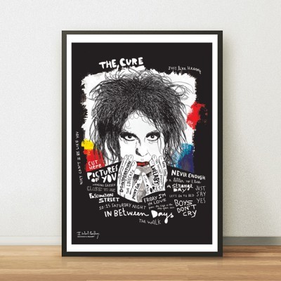 Pôster artístico preto e branco com ilustrações coloridas e texto relacionado a THE CURE