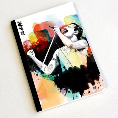 Caderno ilustrado com cantor em aquarela e cores vibrantes
