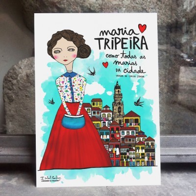 Cartaz ilustrado de mulher com saia vermelha e cidade ao fundo