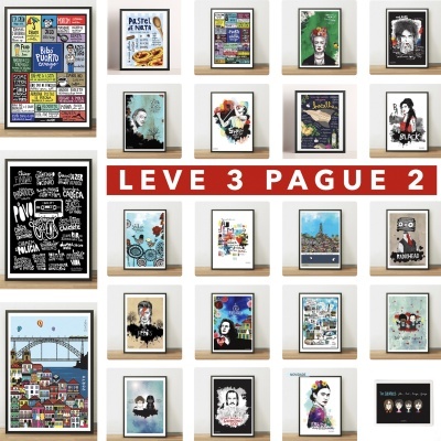 Múltiplos posters coloridos e ilustrados emoldurados, exposição com oferta promocional LEVE 3 PAGUE 2.