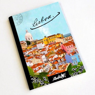 Caderno ilustrado com paisagem de Lisboa e texto 'Lisboa.'