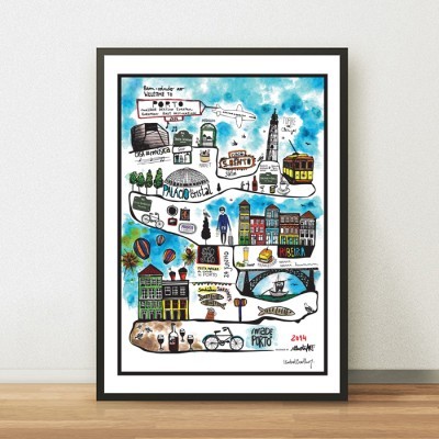 Poster ilustrativo colorido com mapa cultural e turístico do Porto, com desenhos de edifícios, transportes e monumentos