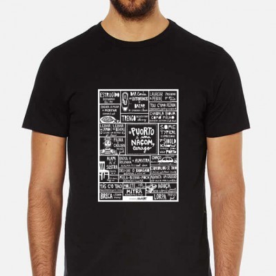 T-shirt preta com estampado branco de palavras em português de Portugal