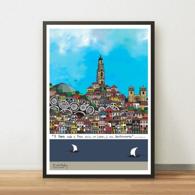 Poster colorido de cidade com edifícios, céu azul e texto manuscrito em português