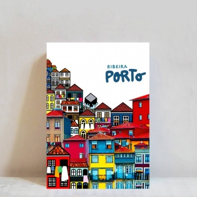 Ilustração colorida de casas tradicionais com texto RIBEIRA PORTO