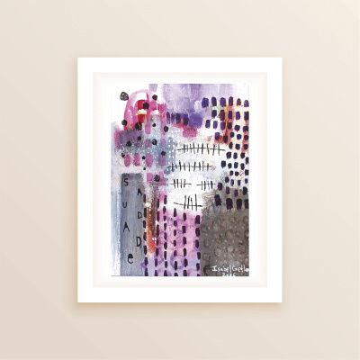 Quadro abstrato colorido em moldura branca com padrões e texto em tons de roxo e cinza.