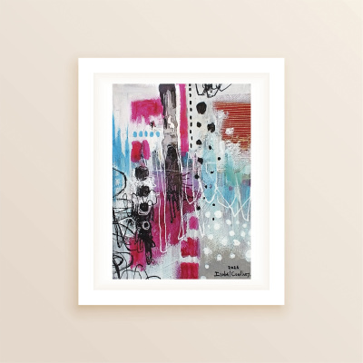 Quadro artístico abstrato colorido com moldura branca.