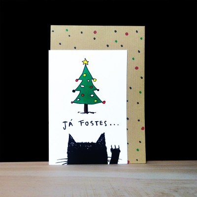 Cartão de Natal com gato e árvore, texto 