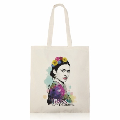 Saco tote bag com ilustração colorida de Frida Kahlo e texto