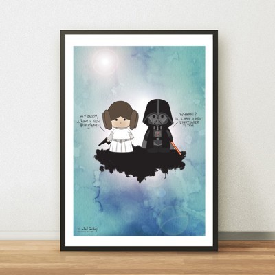 Póster emoldurado com ilustração cartoon de Star Wars e diálogos em inglês