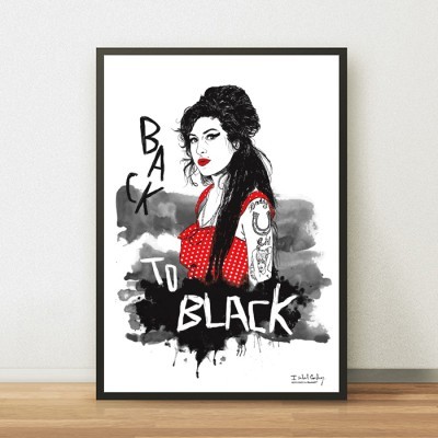 Poster ilustrado de mulher com vestido vermelho e tatuagens, texto 'BACK TO BLACK'.