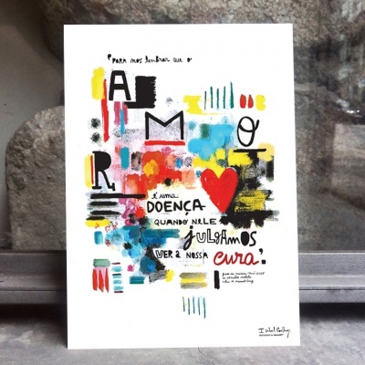 Poster com arte abstrata colorida e texto em português sobre amor e cura