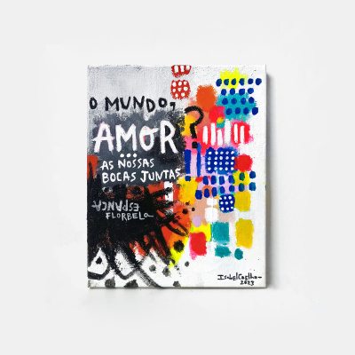 quadro colorido com texto em português e padrões abstratos com assinatura e ano