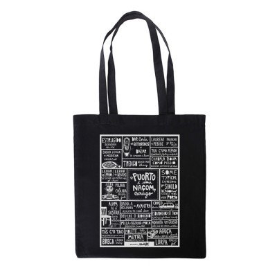 Saco de tecido preto com estampa branca de várias caixas de texto em português