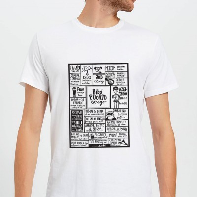 T-shirt branca com estampado quadrado central preto com texto em português e desenhos simples.