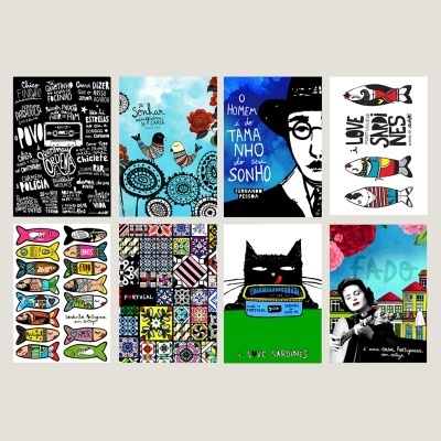 Oito capas ilustradas coloridas com temas portugueses e textos variados.