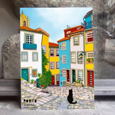 Ilustração colorida de uma rua com casas e um gato preto