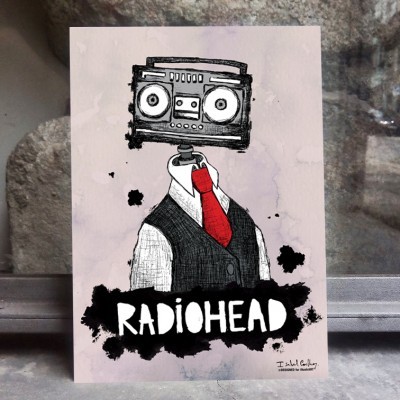 Ilustração artística com personagem de rádio e texto RADIOHEAD