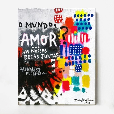 Tela colorida com texto em português e manchas de várias cores