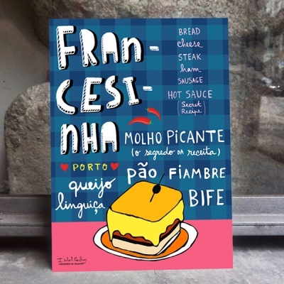 Cartaz azul e rosa com desenho de francesinha e texto em português e inglês
