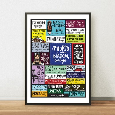 Pôster colorido emoldurado com expressões escritas em cores diversas sobre fundo branco