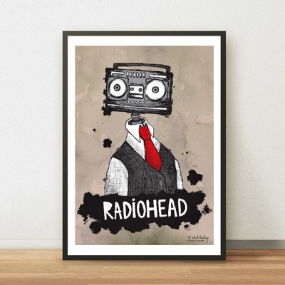 Pôster com ilustração de figura com cabeça de rádio antigo e texto RADIOHEAD.