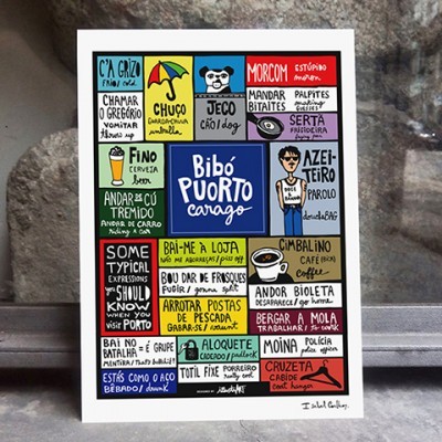 Cartaz com expressões em português dispostas em caixas coloridas sobre fundo de parede de pedra