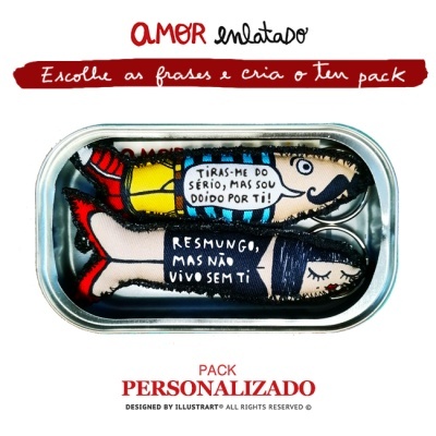 Lata metálica com duas sardinhas ilustradas e texto em português