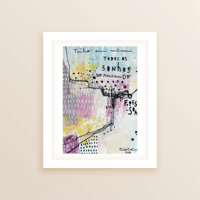 Quadro artístico abstrato com texto em português e cores azul, amarelo, roxo e rosa.