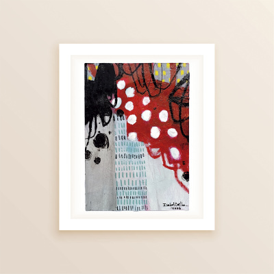 Quadro abstrato com padrão em vermelho, branco, preto, cinza e azul com moldura branca.